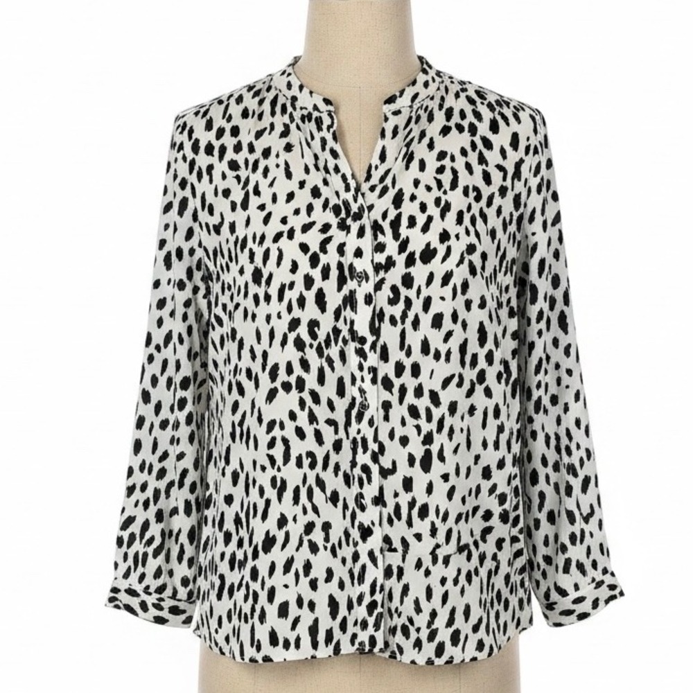 Tahari Leopard Print Button‎ Front Blouse Top White Black Animal Print XL